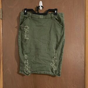 Green distressed denim skirt